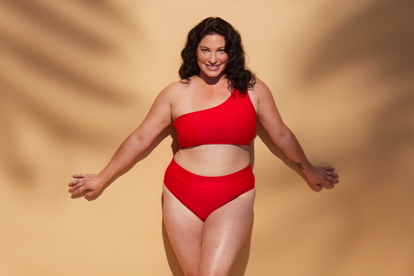 One shoulder top with high cut waistband bottom - Red Passion