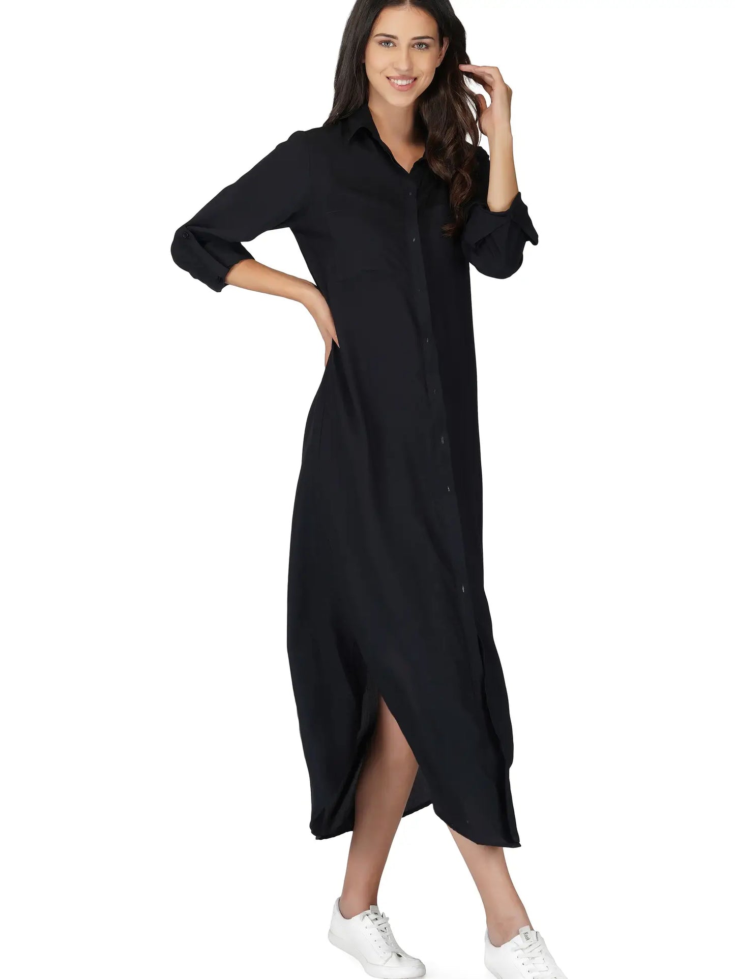Long button down shirt dress Black
