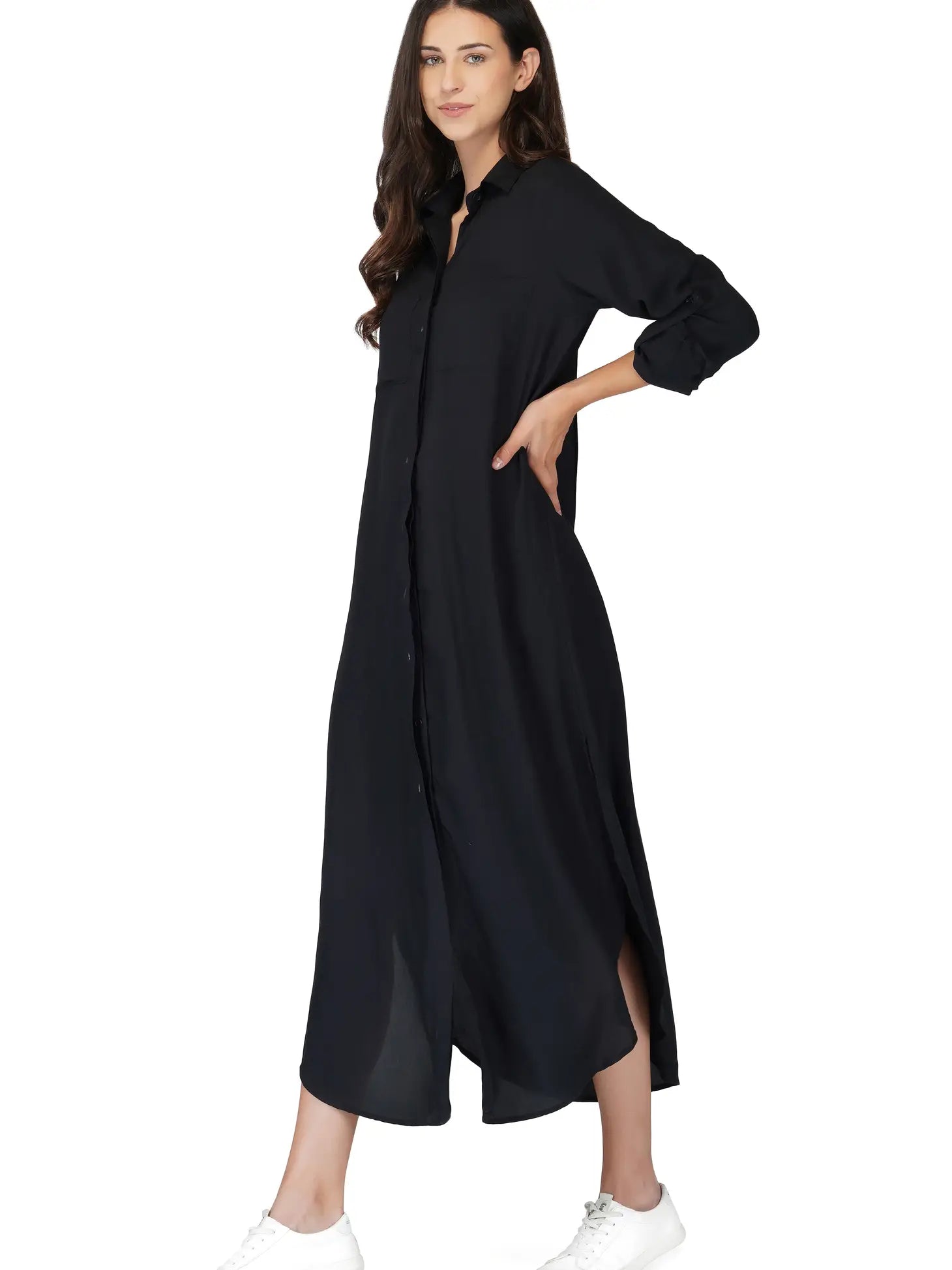 Long button down shirt dress Black
