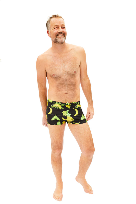 black and yellow banana pattern mens swim trunks made in Canada by Bathing Belle Swimwear