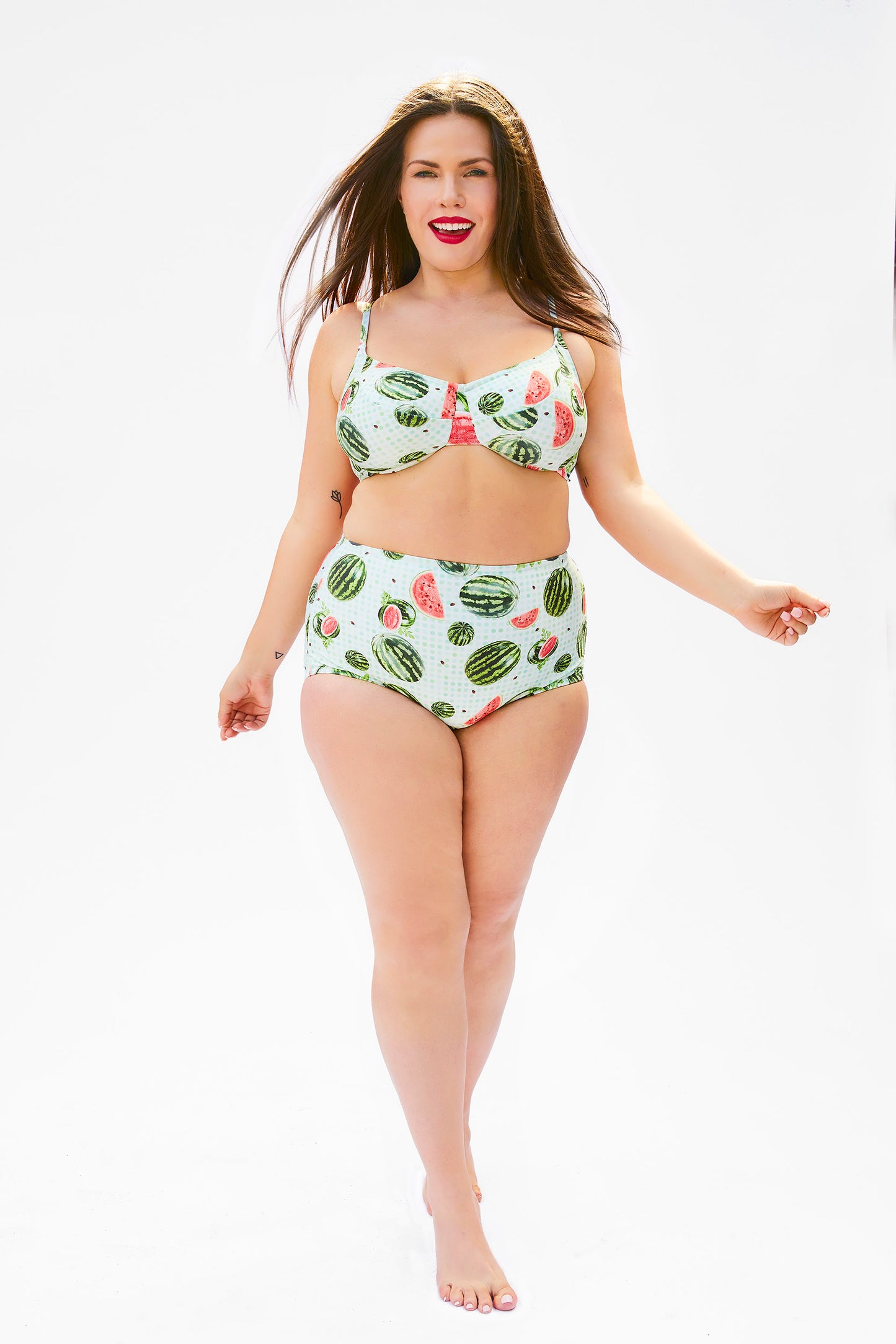 fruit pattern bikini for plus size women with high waist bottom and supportive top, made in Canada by Bathing Belle Swimwear